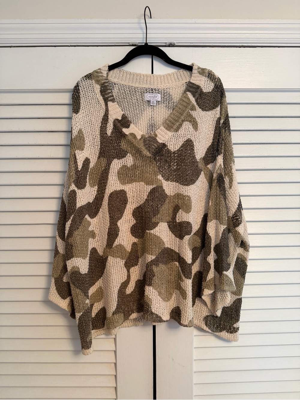 Mud Pie Camo V-Neck Sweater in Cream and Olive